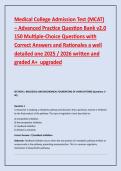 Medical College Admission Test &lpar;MCAT&rpar; &ndash; Advanced Practice Question Bank v2&period;0 &NewLine;150 Multiple-Choice Questions with &NewLine;Correct Answers and Rationales a well &NewLine;detailed one 2025 &sol; 2026 written and &NewLine;graded A&plus;  upgraded 