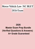 Motor Vehicle Law &ndash; NC BLET 2026 Exam &vert; Questions & Answers&comma; Practice Test&comma; Study Guide & Revision Notes &vert; Latest 2026 PDF
