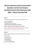 Clinical Laboratory Science Examination Questions and Correct Answers &lpar;Verified Answers&rpar; Plus Rationales 2026 Q&A &vert; Instant Download Pdf