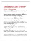 Event Management Planning&comma; Marketing&comma; and&NewLine;Sponsorship Exam questions and answers&NewLine;Graded A&plus; latest update&NewLine;What is management&quest; - The process of planning&comma; organizing&comma; leading&comma; and&NewLine;controlling resources to achieve specific goals&period;&NewLine;What is event management