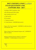 DOT CERTIFICATION &NewLine;EXAM QUESTIONS AND &NewLine;ANSWERS 2026 - 2027