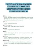 PRAXIS 5047 MIDDLE SCHOOL&NewLine;ENGLISH FINAL TEST 2026&NewLine;QUESTIONS WITH CORRECT&NewLine;ANSWERS GRADED A&plus;&NewLine;
