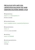 PRECALCULUS WITH LIMITS 2026&NewLine;CERTIFICATION EVALUATION TEST PAPER&NewLine;QUESTIONS SOLUTIONS GRADED A PLUS
