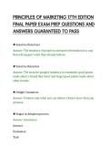 PRINCIPLES OF MARKETING 17TH EDITION&NewLine;FINAL PAPER EXAM PREP QUESTIONS AND&NewLine;ANSWERS GUARANTEED TO PASS&NewLine;