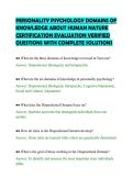 PERSONALITY PSYCHOLOGY DOMAINS OF&NewLine;KNOWLEDGE ABOUT HUMAN NATURE&NewLine;CERTIFICATION EVALUATION VERIFIED&NewLine;QUESTIONS WITH COMPLETE SOLUTIONS&NewLine;