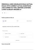 PERSONAL LINES INSURANCE EXAM &lpar;ACTUAL EXAM&rpar; WITH CORRECT ACTUAL QUESTIONS AND CORRECTLY WELL DEFINED ANSWERS LATEST ALREADY GRADED A&plus;
