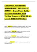CERTIFIED MARKETING &NewLine;MANAGEMENT SPECIALIST &NewLine;&lpar;CMMS&rpar; - Exam Study Guide &ndash; &NewLine;Practice Questions with &NewLine;Verified Answers&period; GRADED A&plus;&period; &NewLine;Latest 2026&sol;2027 Update 