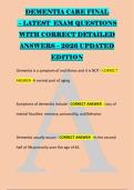 DEMENTIA CARE FINAL &NewLine; &ndash; LATEST  EXAM QUESTIONS &NewLine;WITH CORRECT DETAILED &NewLine;ANSWERS &ndash; 2026 UPDATED &NewLine;EDITION &NewLine; &NewLine;