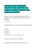 ADVERTISING AND PROMOTION&NewLine;UPDATED ACTUAL QUESTIONS AND&NewLine;CORRECT ANSWERS COMPLETE STUDY&NewLine;GUIDE FULL SOLUTION