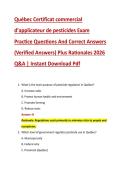 Qu&eacute;bec Certificat commercial &NewLine;d&rsquo;applicateur de pesticides Exam &NewLine;Practice Questions And Correct Answers &NewLine;&lpar;Verified Answers&rpar; Plus Rationales 2026 &NewLine;Q&A &vert; Instant Download Pdf