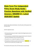 State Farm Fire Independent &NewLine;Policy Exam Study Guide &ndash; &NewLine;Practice Questions with Verified &NewLine;Answers&period; GRADED A&plus;&period; Latest &NewLine;2026&sol;2027 Update 