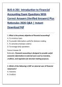 BUS-A 201 &ndash; Introduction to Financial Accounting Exam Questions with Correct Answers &lpar;Verified Answers&rpar; & Comprehensive Rationales 2026&ndash;2027 &vert; Complete Financial Accounting Study Guide &vert; Practice Test Covering Accounting Cycle&comma; Financial Statements&comma; Journ