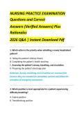 Nursing Practice Examination Questions and Correct Answers &lpar;Verified Answers&rpar; Plus Rationales 2026 &vert; Comprehensive Nursing Q&A Study Guide &vert; Clinical Skills&comma; Patient Care&comma; Pharmacology&comma; Medical-Surgical Nursing & Exam Preparation &vert; Instant Download PDF