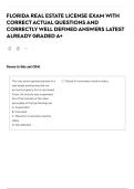 FLORIDA REAL ESTATE LICENSE EXAM WITH CORRECT ACTUAL QUESTIONS AND CORRECTLY WELL DEFINED ANSWERS LATEST ALREADY GRADED A&plus;