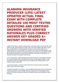 Testbank&colon; Alabama Insurance Producer &lpar;Life&rpar; Latest Updated Actual Final Exam with Complete Detailed 100 Most Tested Questions and Certified Answers with Verified Rationales Plus Correct Answer Key Graded A&plus; Instant Download PDF&NewLine;&NewLine;