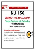NU 150  &NewLine;ẸXAMS 1-3 & FINAL ẸXAM &NewLine;Ṭẹsṭẹd Quẹsṭions wiṭh Raṭionalẹs &NewLine;Pharmacologỵ &NewLine;Galẹn Collẹgẹ of Nursing 