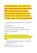 Certified Reliability Leader &lpar;CRL&rpar; Practice &NewLine;Mock Examination Newest Updated 2025&NewLine;2026 Practice Questions From Actual &NewLine;Exams Complete Questions And Correct &NewLine;Detailed Answers &lpar;Expert Verified Exam&rpar; &NewLine;&vert;Already Graded A&plus; Instant Download Pdf 