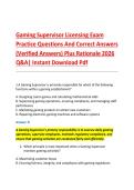 Gaming Supervisor Licensing Exam &NewLine;Practice Questions And Correct Answers &NewLine;&lpar;Verified Answers&rpar; Plus Rationale 2026 &NewLine;Q&A&vert; Instant Download Pdf 