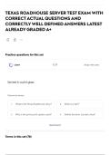 TEXAS ROADHOUSE SERVER TEST EXAM WITH CORRECT ACTUAL QUESTIONS AND CORRECTLY WELL DEFINED ANSWERS LATEST ALREADY GRADED A&plus;