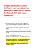 Industrial Maintenance Supervisor &NewLine;Certification Exam Practice Questions &NewLine;And Correct Answers &lpar;Verified Answers&rpar; &NewLine;Plus Rationale 2026 Q&A&vert; Instant &NewLine;Download Pdf 