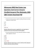 Minnesota &lpar;MN&rpar; Real Estate Law &NewLine;Questions And Correct Answers &NewLine;&lpar;Verified Answers&rpar; Plus Rationales 2026 &NewLine;Q&A Instant Download Pdf 