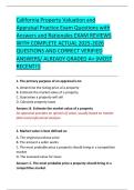 California Property Valuation and &NewLine;Appraisal Practice Exam Questions with &NewLine;Answers and Rationales EXAM REVIEWS &NewLine;WITH COMPLETE ACTUAL 2025-2026 &NewLine;QUESTIONS AND CORRECT VERIFIED &NewLine;ANSWERS&sol; ALREADY GRADED A&plus; &lpar;MOST &NewLine;RECENT&excl;&excl;&rpar; 