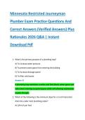 Minnesota Restricted Journeyman &NewLine;Plumber Exam Practice Questions And &NewLine;Correct Answers &lpar;Verified Answers&rpar; Plus &NewLine;Rationales 2026 Q&A &vert; Instant &NewLine;Download Pdf 