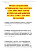 AMERICAN RED CROSS &NewLine;LIFEGUARDING FINAL WRITTEN &NewLine;EXAM WITH WELL SORTED &NewLine;QUESTIONS AND ANSWERS &NewLine;&sol;GRADED A&plus;&sol;BEST FOR THAT &NewLine;GOOD GRADE