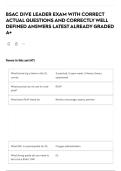 BSAC DIVE LEADER EXAM WITH CORRECT ACTUAL QUESTIONS AND CORRECTLY WELL DEFINED ANSWERS LATEST ALREADY GRADED A&plus;