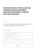 RN INTRODUCTION TO CRITICAL CARE AND EMERGENCY NURSING ASSESSMENT QUESTIONS AND ANSWERS &vert; COMPLETE STUDY GUIDE 2026&sol;2027