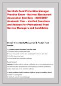 ServSafe Food Protection Manager &NewLine;Practice Exam &ndash; National Restaurant &NewLine;Association ServSafe &ndash; 2026&sol;2027 &NewLine;Academic Year &ndash; Verified Questions &NewLine;and Answers for Professional Food &NewLine;Service Managers and CandidatesServSafe Food Protection Manager &NewLine;Practice