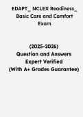 EDAPT NCLEX Readiness Basic Care and Comfort Exam &vert; Questions & Verified Answers &vert; Comprehensive NCLEX Basic Care & Comfort Exam Review Study Guide PDF &vert; 2026
