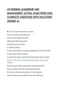 ATI NURSING LEADERSHIP AND&NewLine;MANAGEMENT ACTUAL EXAM PAPER 2026&NewLine;COMPLETE QUESTIONS WITH SOLUTIONS&NewLine;GRADED A&plus;&NewLine;