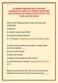 ALABAMA HOME BUILDER LICENSURE &NewLine;EXAMINATION COMPLETE VERIFIED QUESTIONS &NewLine;AND DETAILED SOLUTIONS LATEST UPDATE THIS &NewLine;YEAR JUST RELEASED