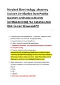 Maryland Biotechnology Laboratory &NewLine;Assistant Certification Exam Practice &NewLine;Questions And Correct Answers &NewLine;&lpar;Verified Answers&rpar; Plus Rationale 2026 &NewLine;Q&A&vert; Instant Download Pdf  