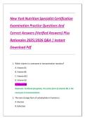 New York Nutrition Specialist Certification Examination Practice Questions & Correct Answers &lpar;Verified Answers&rpar; Plus Rationales 2025&vert;2026 Q&A &vert; Instant Download PDF