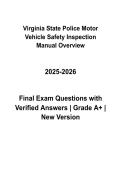 Virginia State Police Motor Vehicle Safety Inspection Manual Overview &vert; Questions & Verified Answers &vert; Comprehensive Virginia Vehicle Safety Inspection Exam Review Study Guide PDF &vert; 2026
