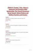 SOW4141 Chapter 7 Quiz- Abuse in&NewLine;Adolescent and Emerging Adult&NewLine;Relationships&comma; Peer Sexual Harassment&comma;&NewLine;Sexual Assault&comma; Dating Violence and&NewLine;Stalking Questions and Answers
