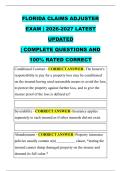 FLORIDA CLAIMS ADJUSTER &NewLine;EXAM &vert; 2026-2027 LATEST &NewLine;UPDATED &NewLine;&vert; COMPLETE QUESTIONS AND &NewLine;100&percnt; RATED CORRECT 