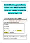 Florida Claims Adjuster Exam &ndash; &NewLine;6-20 All Lines Adjuster &vert; Review &NewLine;Converted Verified Questions & &NewLine;Answers 2025&ndash;2026