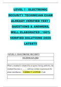 LEVEL 1 - ELECTRONIC &NewLine;SECURITY TECHNICIAN EXAM &NewLine;ALREADY VERIFIED TEST &vert; &NewLine;QUESTIONS & ANSWERS&comma; &NewLine;WELL ELABORATED &vert; 100&percnt; &NewLine;VERIFIED SOLUTIONS &vert;2026 &NewLine;LATEST&excl;&excl; 