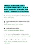 INFORMATION SYSTEMS TODAY&NewLine;MANAGING IN THE DIGITAL WORLD&NewLine;FINAL PAPER FULL QUESTIONS AND&NewLine;CORRECT ANSWERS ALREADY PASSED&NewLine;