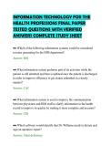INFORMATION TECHNOLOGY FOR THE&NewLine;HEALTH PROFESSIONS FINAL PAPER&NewLine;TESTED QUESTIONS WITH VERIFIED&NewLine;ANSWERS COMPLETE STUDY SHEET&NewLine;
