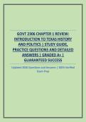 GOVT 2306 CHAPTER 1 REVIEW&colon; INTRODUCTION TO TEXAS HISTORY AND POLITICS &vert; STUDY GUIDE&comma; PRACTICE QUESTIONS AND DETAILED ANSWERS