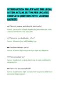 INTRODUCTION TO LAW AND THE LEGAL&NewLine;SYSTEM ACTUAL TEST PAPER UPDATED&NewLine;COMPLETE QUESTIONS WITH VERIFIED&NewLine;ANSWERS