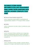 DATABASE SYSTEMS DESIGN&NewLine;IMPLEMENTATION AND MANAGEMENT&NewLine;FINAL PAPER TESTED QUESTIONS WITH&NewLine;VERIFIED ANSWERS COMPLETE STUDY&NewLine;SHEET