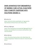DAVIS ADVANTAGE FOR FUNDAMENTALS&NewLine;OF NURSING CARE ACTUAL EXAM PAPER&NewLine;2026 COMPLETE QUESTIONS WITH&NewLine;SOLUTIONS GRADED A&plus;