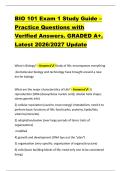 BIO 101 Exam 1 Study Guide &ndash; &NewLine;Practice Questions with &NewLine;Verified Answers&period; GRADED A&plus;&period; &NewLine;Latest 2026&sol;2027 Update 