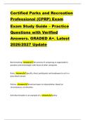 Certified Parks and Recreation &NewLine;Professional &lpar;CPRP&rpar; Exam &NewLine;Exam Study Guide &ndash; Practice &NewLine;Questions with Verified &NewLine;Answers&period; GRADED A&plus;&period; Latest &NewLine;2026&sol;2027 Update