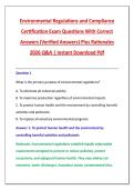 Environmental Regulations and Compliance &NewLine;Certification Exam Questions With Correct &NewLine;Answers &lpar;Verified Answers&rpar; Plus Rationales &NewLine;2026 Q&A &vert; Instant Download Pdf 